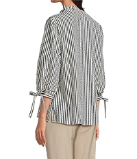 Ali Miles Petite Size Woven Yarn-Dye Stripe Ruffle V-Neck 3/4 Tie Sleeve Blouse