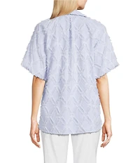 Ali Miles Petite Size Yarn-Dye Clipped Jacquard Printed Point Collar Short Sleeve Button Front Shirt