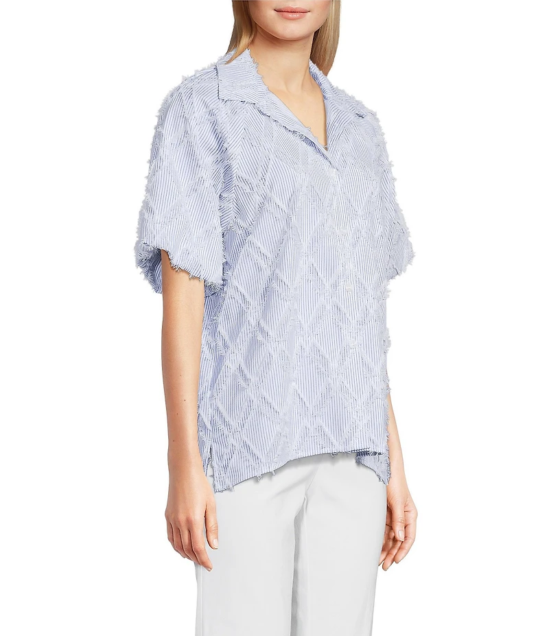 Ali Miles Petite Size Yarn-Dye Clipped Jacquard Printed Point Collar Short Sleeve Button Front Shirt
