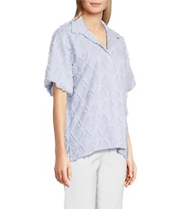 Ali Miles Petite Size Yarn-Dye Clipped Jacquard Printed Point Collar Short Sleeve Button Front Shirt