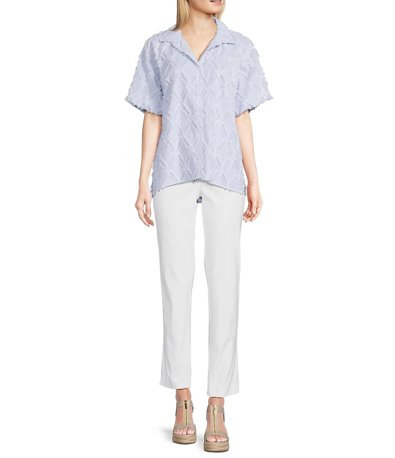 Ali Miles Petite Size Yarn-Dye Clipped Jacquard Printed Point Collar Short Sleeve Button Front Shirt