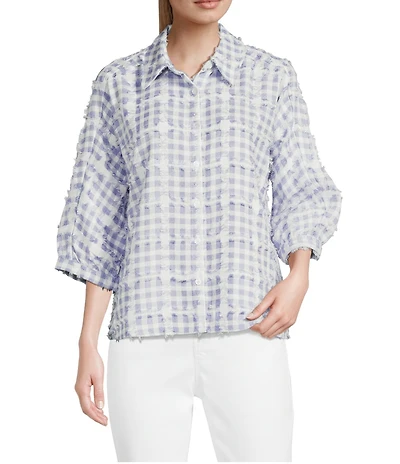 Ali Miles Petite Size Yarn Dye Plaid Clipped Jacquard Point Collar Short Dolman Sleeve Button-Front Shirt