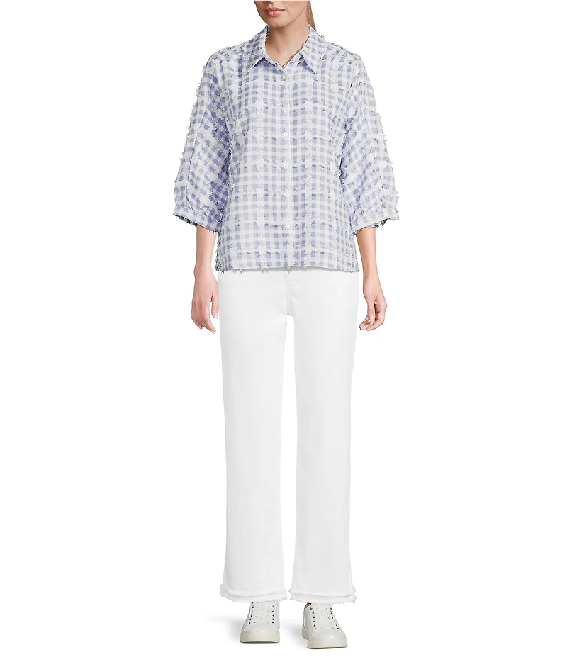 Ali Miles Petite Size Yarn Dye Plaid Clipped Jacquard Point Collar Short Dolman Sleeve Button-Front Shirt