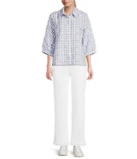 Ali Miles Petite Size Yarn Dye Plaid Clipped Jacquard Point Collar Short Dolman Sleeve Button-Front Shirt