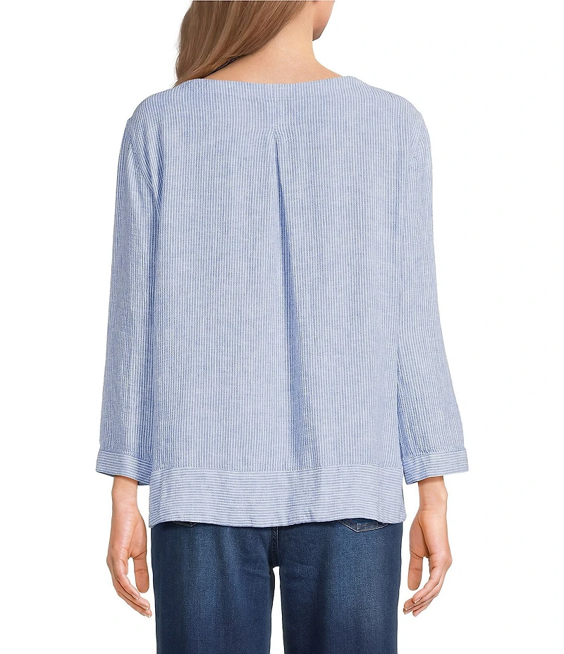 Ali Miles Petite Size Yarn-Dye Woven Stripe Round Neck 3/4 Cuffed Sleeve Button Front Placket Top