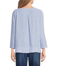 Ali Miles Petite Size Yarn-Dye Woven Stripe Round Neck 3/4 Cuffed Sleeve Button Front Placket Top