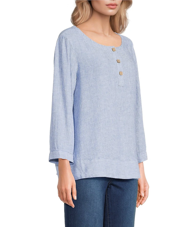 Ali Miles Petite Size Yarn-Dye Woven Stripe Round Neck 3/4 Cuffed Sleeve Button Front Placket Top