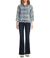 Ali Miles Petite Size Yarn-Dyed Plaid Point Collar 3/4 Cuff Sleeve Ruffled Hem Button-Front Shirt