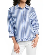 Ali Miles Petite Size Yarn-Dyed Stripe Point Collar 3/4 Sleeve Tiered Ruffle Hem Button-Front Top