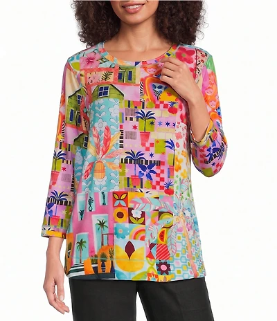 Ali Miles Pink Multi Print Round Nek 3/4 Sleeve Tunic