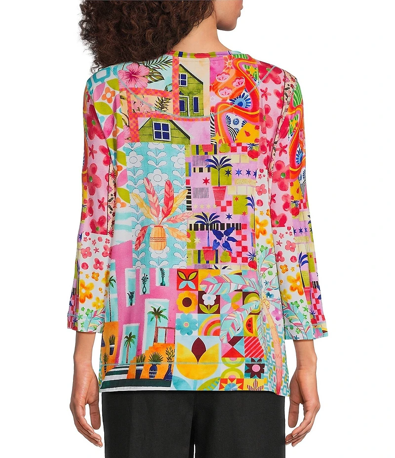 Ali Miles Pink Multi Print Round Nek 3/4 Sleeve Tunic