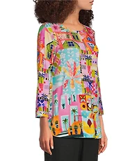 Ali Miles Pink Multi Print Round Nek 3/4 Sleeve Tunic