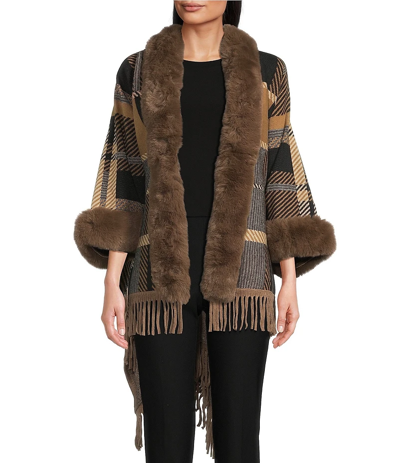 Ali Miles Plaid Faux-Fur Trim Fringe Hem Cozy Open-Front Jacket