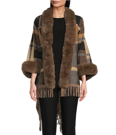Ali Miles Plaid Faux-Fur Trim Fringe Hem Cozy Open-Front Jacket