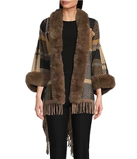Ali Miles Plaid Faux-Fur Trim Fringe Hem Cozy Open-Front Jacket