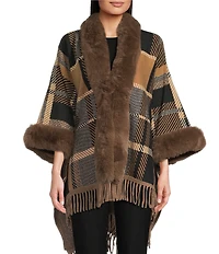 Ali Miles Plaid Faux-Fur Trim Fringe Hem Cozy Open-Front Jacket