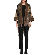 Ali Miles Plaid Faux-Fur Trim Fringe Hem Cozy Open-Front Jacket