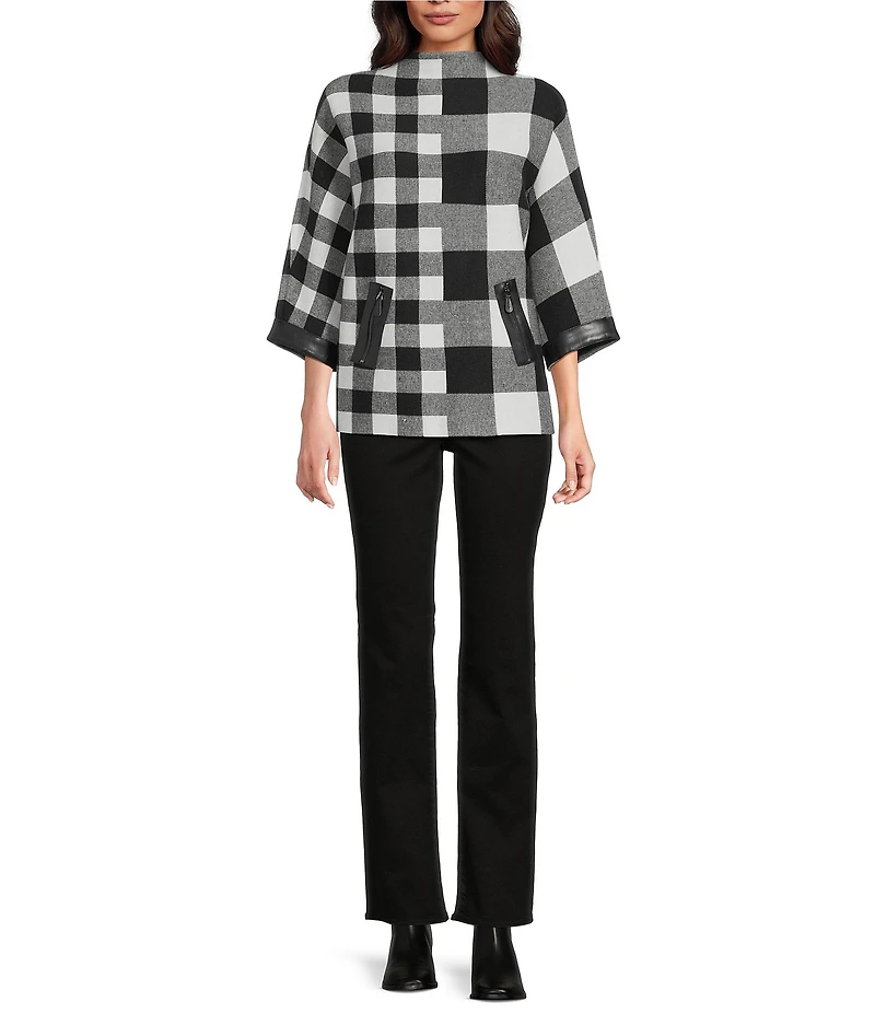 Ali Miles Plaid Knit Funnel Neck Dolman Sleeve Sweater