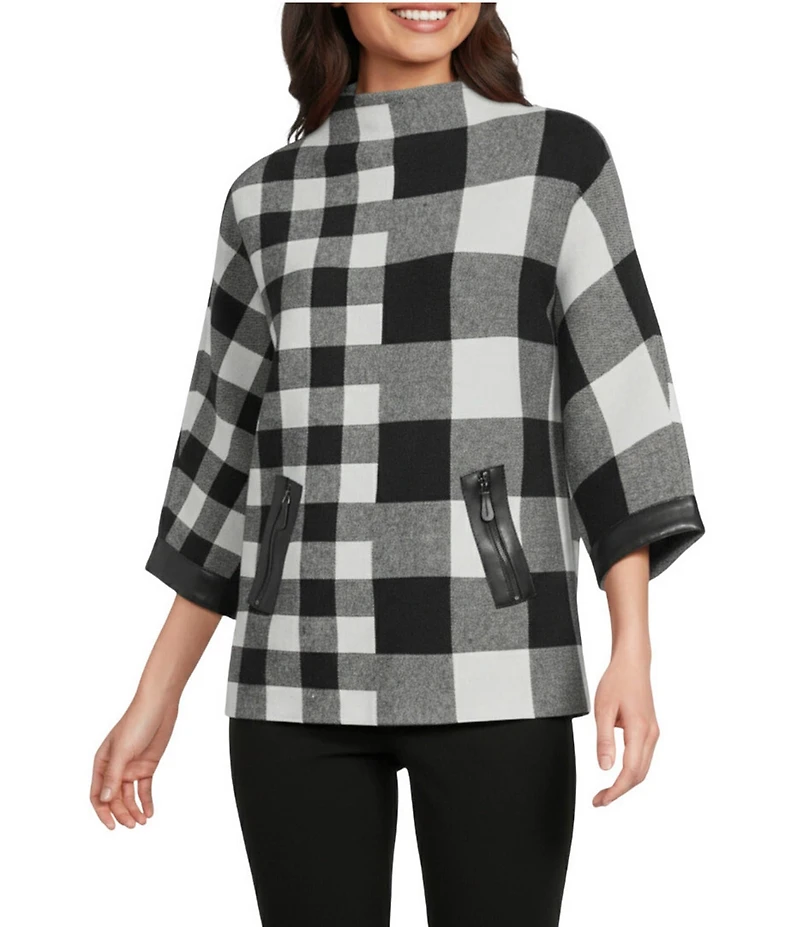Ali Miles Plaid Knit Funnel Neck Dolman Sleeve Sweater