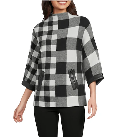 Ali Miles Plaid Knit Funnel Neck Dolman Sleeve Sweater