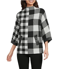 Ali Miles Plaid Knit Funnel Neck Dolman Sleeve Sweater