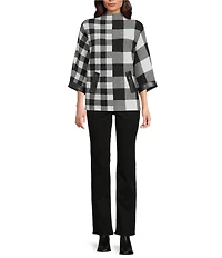 Ali Miles Plaid Knit Funnel Neck Dolman Sleeve Sweater