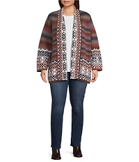 Ali Miles Plus Size Abstract Border Print 3/4 Sleeve Open-Front Cardigan