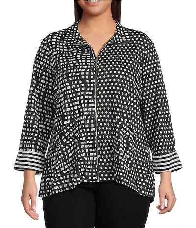 Ali Miles Plus Size Abstract Dotted Mock Neck Elbow Sleeve Zip-Front Tunic