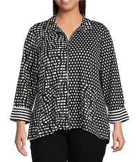 Ali Miles Plus Size Abstract Dotted Mock Neck Elbow Sleeve Zip-Front Tunic