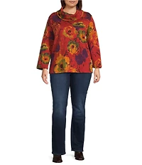 Ali Miles Plus Size Abstract Floral Cowl Neck 3/4 Sleeve Textured Knit Tunic