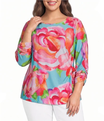 Ali Miles Plus Size Abstract Floral Print Scoop Neck 3/4 Sleeve Tie-Front Top