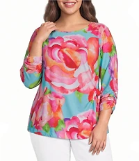 Ali Miles Plus Size Abstract Floral Print Scoop Neck 3/4 Sleeve Tie-Front Top
