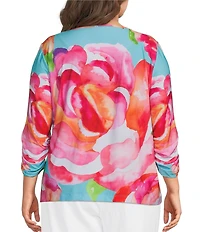 Ali Miles Plus Size Abstract Floral Print Scoop Neck 3/4 Sleeve Tie-Front Top