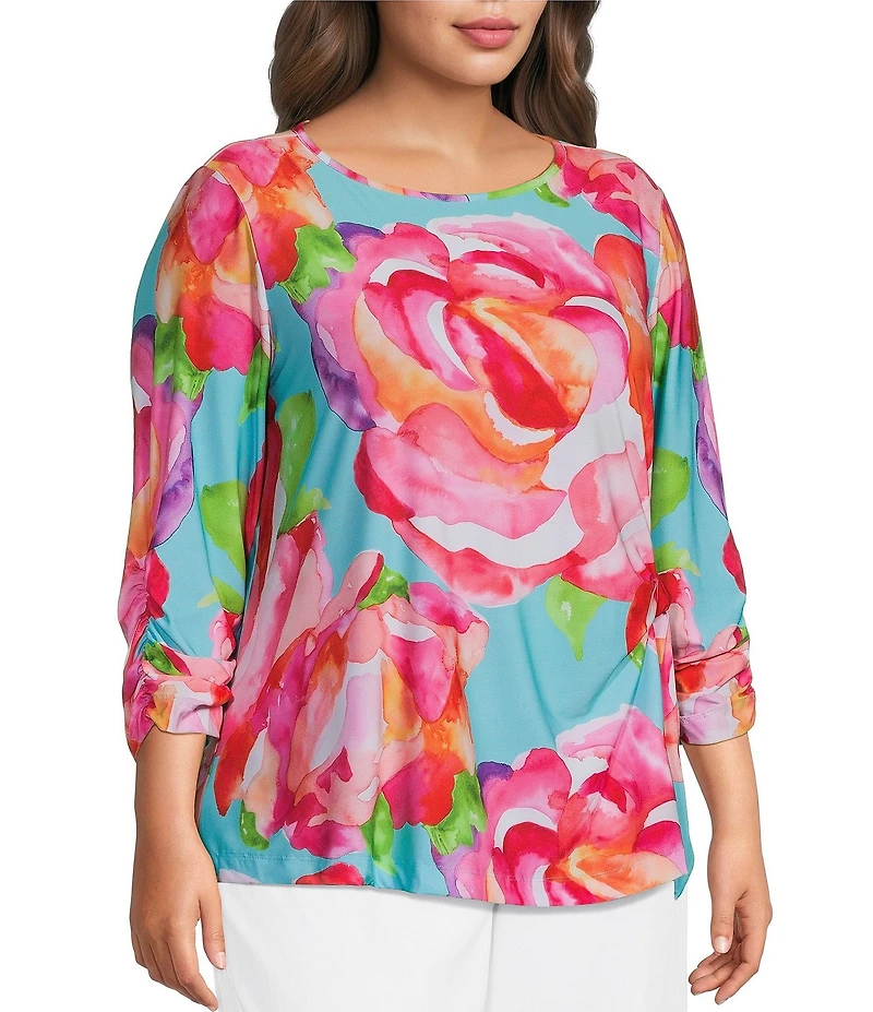 Ali Miles Plus Size Abstract Floral Print Scoop Neck 3/4 Sleeve Tie-Front Top