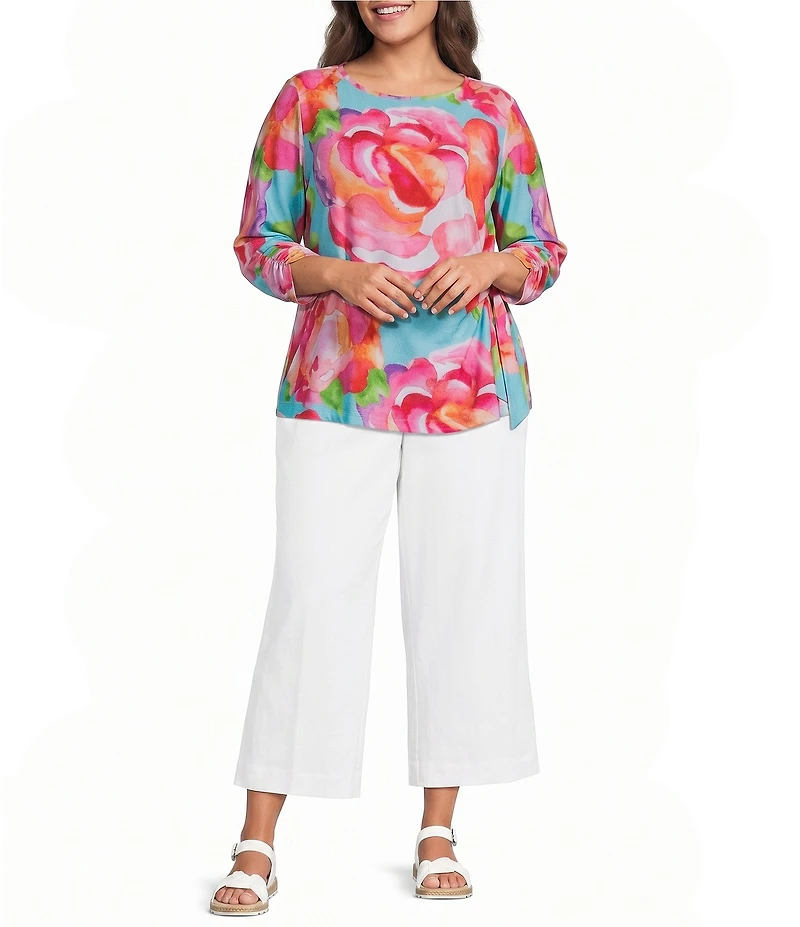 Ali Miles Plus Size Abstract Floral Print Scoop Neck 3/4 Sleeve Tie-Front Top