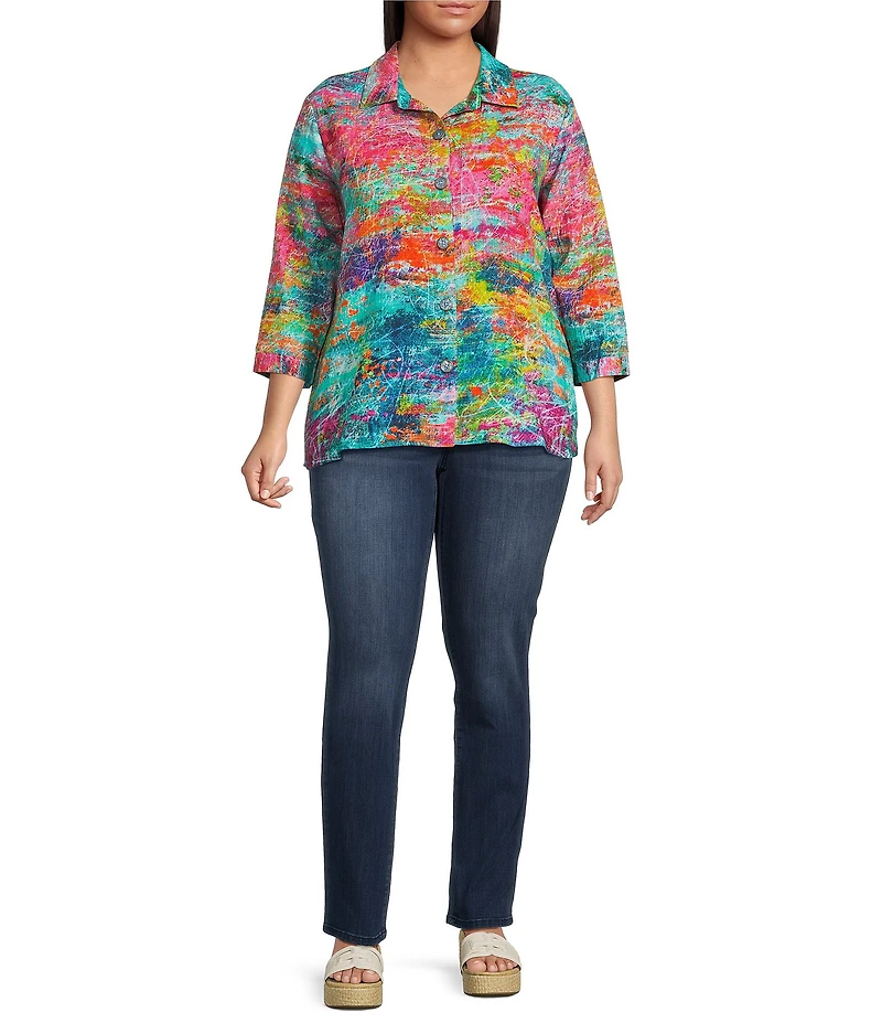 Ali Miles Plus Size Abstract Multi Point Collar 3/4 Dolman Sleeve Button-Front Tunic