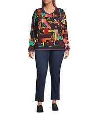 Ali Miles Plus Size Abstract Multi Stroke Knit V-Neck Long Sleeve Popover Top