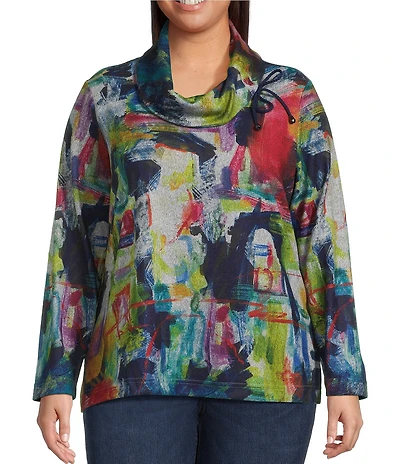 Ali Miles Plus Size Abstract Print Brushed Knit Cinched Cowl Neck Long Sleeve Pullover