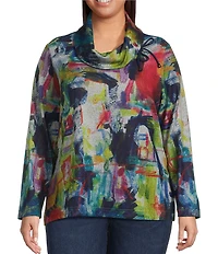 Ali Miles Plus Size Abstract Print Brushed Knit Cinched Cowl Neck Long Sleeve Pullover
