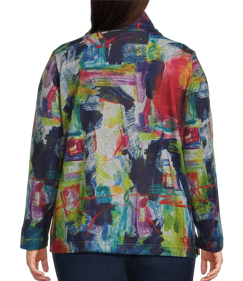 Ali Miles Plus Size Abstract Print Brushed Knit Cinched Cowl Neck Long Sleeve Pullover