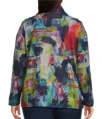 Ali Miles Plus Size Abstract Print Brushed Knit Cinched Cowl Neck Long Sleeve Pullover
