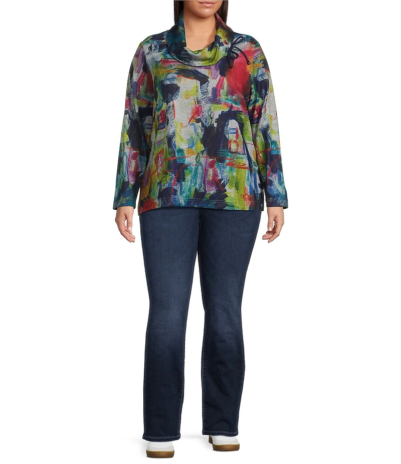 Ali Miles Plus Size Abstract Print Brushed Knit Cinched Cowl Neck Long Sleeve Pullover