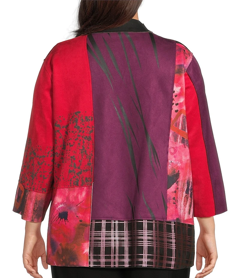 Ali Miles Plus Size Abstract Print Knit Lapel Collar 3/4 Sleeve Hi-Low Hem Jacket