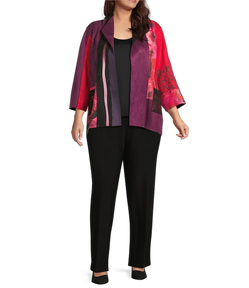 Ali Miles Plus Size Abstract Print Knit Lapel Collar 3/4 Sleeve Hi-Low Hem Jacket