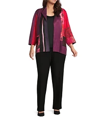 Ali Miles Plus Size Abstract Print Knit Lapel Collar 3/4 Sleeve Hi-Low Hem Jacket