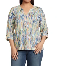 Ali Miles Plus Size Abstract Print Split V-Neck 3/4 Roll-Tab Sleeve Tunic