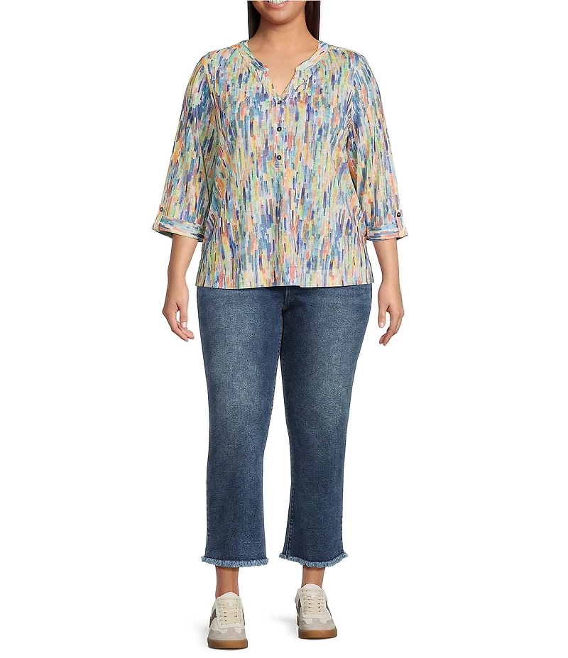 Ali Miles Plus Size Abstract Print Split V-Neck 3/4 Roll-Tab Sleeve Tunic