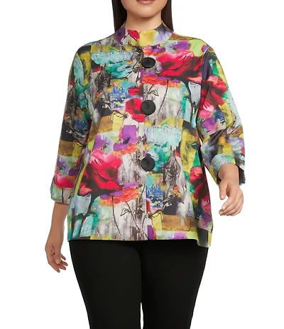 Ali Miles Plus Size Abstract Print Stand Collar 3/4 Sleeve Button-Front Jacket