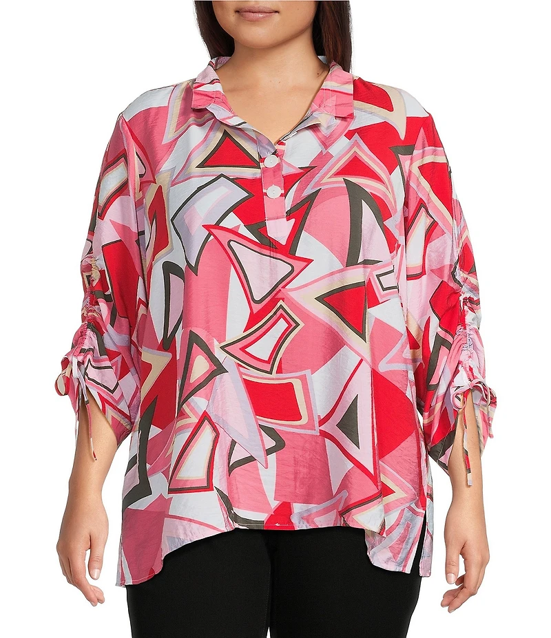 Ali Miles Plus Size Abstract Print Wire Collar 3/4 Cinch Tie Sleeve Tunic