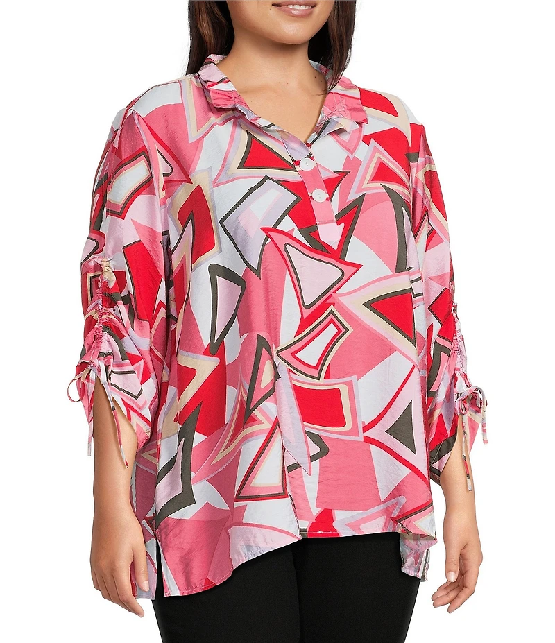 Ali Miles Plus Size Abstract Print Wire Collar 3/4 Cinch Tie Sleeve Tunic